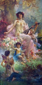 beauty playing guitar and floral angels Hans Zatzka beautiful woman lady Oil Paintings